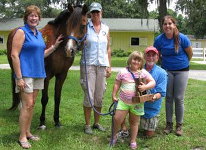 A group of people standing around a horse.