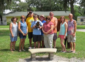 A group of people standing around a bench.