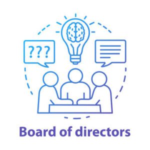 Icon depicting three stylized figures around a table, symbolizing a board of directors, with a light bulb and speech bubbles above, set against a plain background with the text "board of directors.
