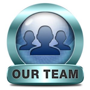 Graphic icon depicting three silhouettes with the label "our team" in a metallic style button with blue and silver colors.