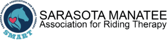 Logo of Sarasota Manatee Association for Riding Therapy (SMART) with a blue horse head in a circular emblem and a heart on the neck, alongside the organization’s full name.